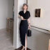 Real shooting spot 2024 summer new style temperament V-neck ruffle edge design medium long slit small black dress dress