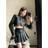 Real shooting spot American spicy girl retro PU leather short jacket top high waist slimming pleated skirt two-piece set for women