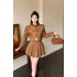 Real time spot autumn clothing design sense stand collar deer fur motorcycle jacket jacket+pleated skirt fashionable suit for women