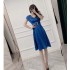 Real shot spot summer fashionable and stylish V-neck high waist slimming mid to long style large swing A-line skirt satin dress for women