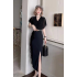 Real shooting spot 2024 summer new style temperament V-neck ruffle edge design medium long slit small black dress dress