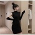 Real time shooting of trendy and sweet internet famous girls' slim fit plush sleeve dresses, knitted hip hugging sweaters, short skirts