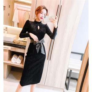 Real time spot autumn and winter women's clothing temperament socialite long sleeved slim fit lace up bow stylish sparkling dress