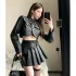 Real shooting spot American spicy girl retro PU leather short jacket top high waist slimming pleated skirt two-piece set for women