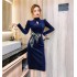 Real time spot autumn and winter women's clothing temperament socialite long sleeved slim fit lace up bow stylish sparkling dress