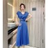 Real shot spot summer stylish V-neck high waist slimming mid length large swing A-line skirt satin dress for women