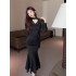 Real time spot autumn outfit new French waist cinched Hepburn style small black dress temperament V-neck socialite gentle dress for women