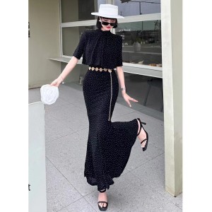 Real time shooting of high-end niche hot stamping diamond dresses for women in summer, new styles for slimming, socialite style dresses, fishtail long dresses