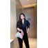 Real time spot high-end set for women's summer fashion suit collar top, high waist slimming cropped pants two-piece set for women