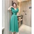 Real shot spot summer stylish V-neck high waist slimming mid length large swing A-line skirt satin dress for women