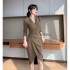 Spot V-neck expensive lady's stylish and sexy dress, autumn women's elastic retro slim fit and slimming bottom skirt