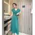 Real shot spot summer stylish V-neck high waist slimming mid length large swing A-line skirt satin dress for women