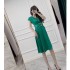 Real shot spot summer fashionable and stylish V-neck high waist slimming mid to long style large swing A-line skirt satin dress for women