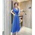 Real shot spot summer stylish V-neck high waist slimming mid length large swing A-line skirt satin dress for women