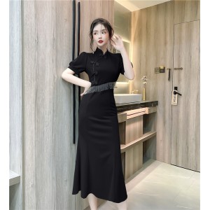 Real time spot summer new style new Chinese retro buckle lantern sleeves elegant qipao tassel dress for women