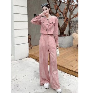 Real time spot high-end temperament set autumn new fashion short top high waist wide leg pants two-piece set