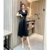 Real shot spot summer stylish V-neck high waist slimming mid length large swing A-line skirt satin dress for women