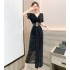 Real time spot summer style high-end V-neck women's fashion temperament elegant long skirt dress irregular dress