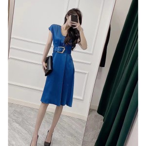 Real shot spot summer fashionable and stylish V-neck high waist slimming mid to long style large swing A-line skirt satin dress for women