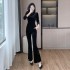 Golden velvet micro flared pants retro fashion Tang style buckle Chinese style pants set for women 6905