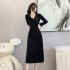 Texture velvet long dress with waist cinching and slimming effect, exuding a sense of detachment and old-fashioned style. Black ankle length dress 5913