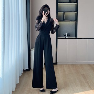 Temperament goddess style black jumpsuit with wide leg design, lace patchwork jumpsuit 8729