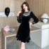 Real time shooting of heavy industry French dress, autumn and winter clothing, retro fish tail velvet, Hepburn style nail bead dress 5801