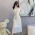 2024 autumn new French style fashionable waist cinching slimming temperament pleated V-neck lace long sleeved dress 5931