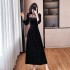 French heavy industry hot stamping diamond hollow velvet dress with waist cinching and socialite black long skirt 5301