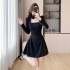 Realistic photo of 2024 autumn new French style black dress with slimming temperament dress paired with rose necklace 8301