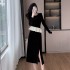 Color blocking long sleeved base, slim fit, hip hugging two-piece set, gold velvet pearl collar set 9610