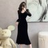 Elegant temperament of socialite, long sleeved lace slit fish tail gold velvet dress, black evening dress, base skirt, 5898