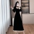 Classic retro square neck waist heavy black dress winter long patchwork skirt 9625