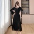 Real shot French velvet dress for women in autumn and winter, with a sense of luxury and Hepburn style lace hanging neck as the base and inner skirt 5995