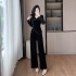 Paired with a complete set of women's gold velvet long sleeved top, casual wide leg pants, slimming two-piece set 9561