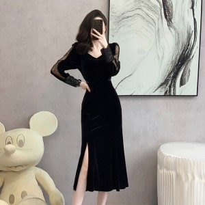 Elegant temperament of socialite, long sleeved lace slit fish tail gold velvet dress, black evening dress, base skirt, 5898