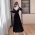 Chic lace V-neck velvet dress with French waist cinched A-line long skirt, fixed color without fading 6913