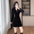 Fashionable gold velvet rhinestone hot stamping dress for female heavy workers, shining and slimming with a cinched waist, suit skirt 6902