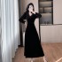 Autumn French Hepburn style lace lace patchwork waist cinching velvet dress 9626