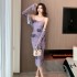 Strap pleated design hip hugging dress+cardigan jacket temperament two-piece set 3928