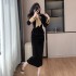 Elegant socialite bow, fish tail, slim fit velvet top, split skirt two-piece set 9658