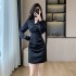 National style new Chinese style buckle small V-neck waist slimming dress 2024 autumn new black dress 8705