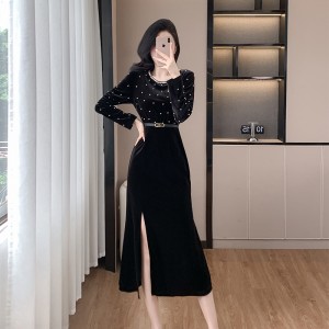 Elegant temperament, nail bead wrapped buttocks skirt, split fish tail velvet dress, 9627, with belt included