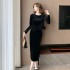 2024 new two-piece set with high-end feeling, waist cinching and slimming temperament, long sleeved fashionable slit high waist set, women's clothing 5876