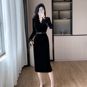 Light luxury waist cinched V-neck long sleeved dress, suit lace patchwork velvet dress, 9597 with belt included