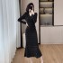 Light mature style fashionable and elegant set skirt, feminine V-neck lace shirt, fish tail skirt, 9673