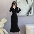 2024 autumn new high-end V-neck long sleeved lace dress with hollowed out slim fit and high waist, slimming long skirt 5833