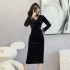 New black high-end super beautiful dress with long sleeves and gold velvet tight fitting, slimming and stunning long skirt 5909 real price