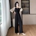 Temperament waist cinching black chiffon wide leg pants fashionable slimming jumpsuit for women 9562