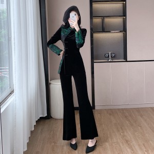 2024 autumn clothing popular new Chinese style button top micro pull pants set for women 9585